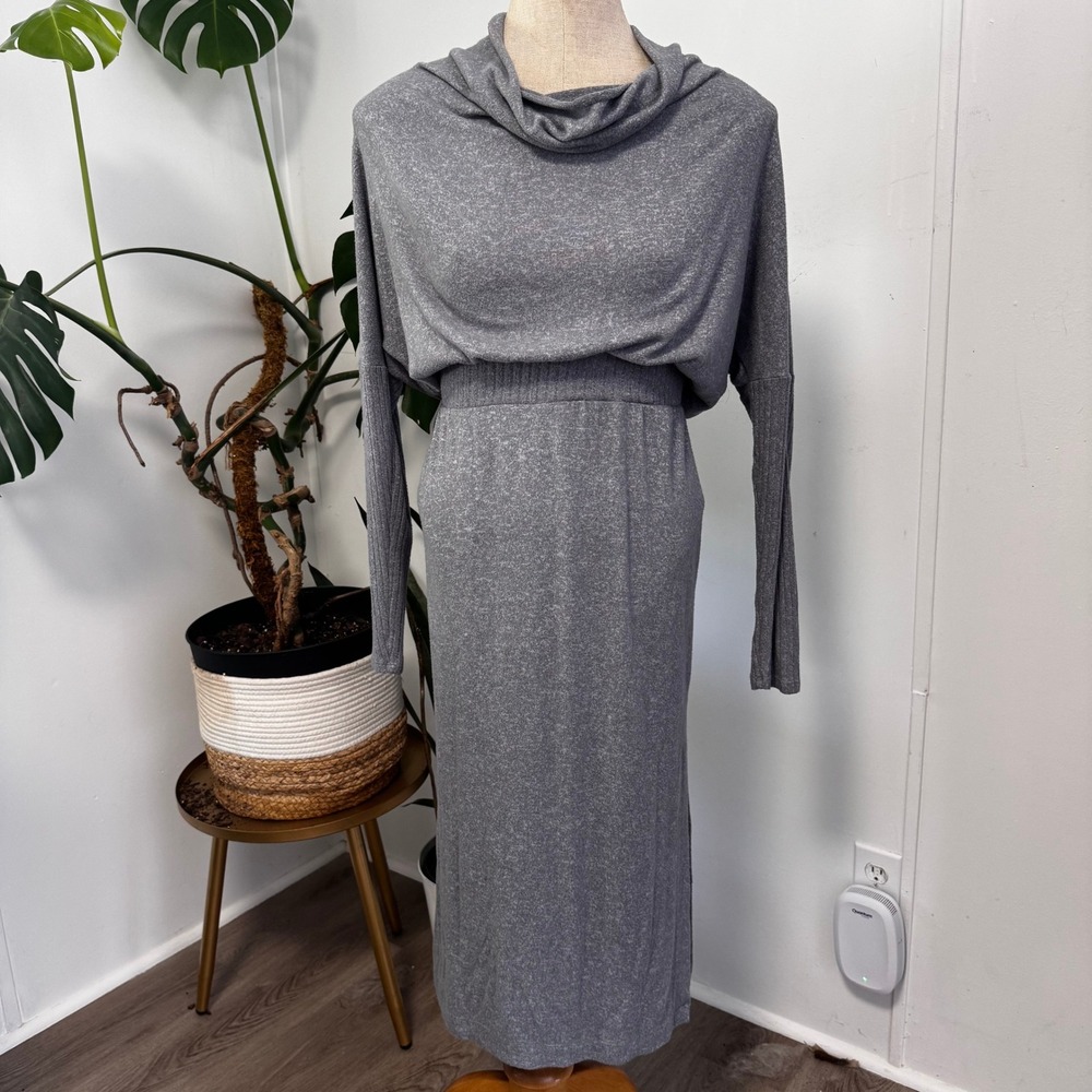 Daily Practice Anthropologie Midi Dress Womens S Gray Cowl Neck Knit Loungewear